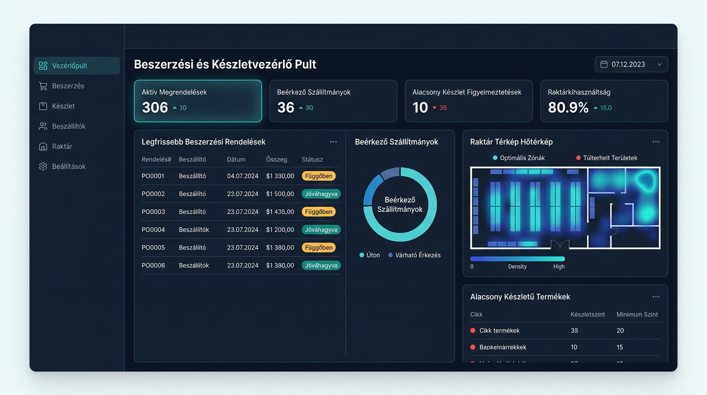 Beszerzési és Készletgazdálkodási Rendszer dashboard