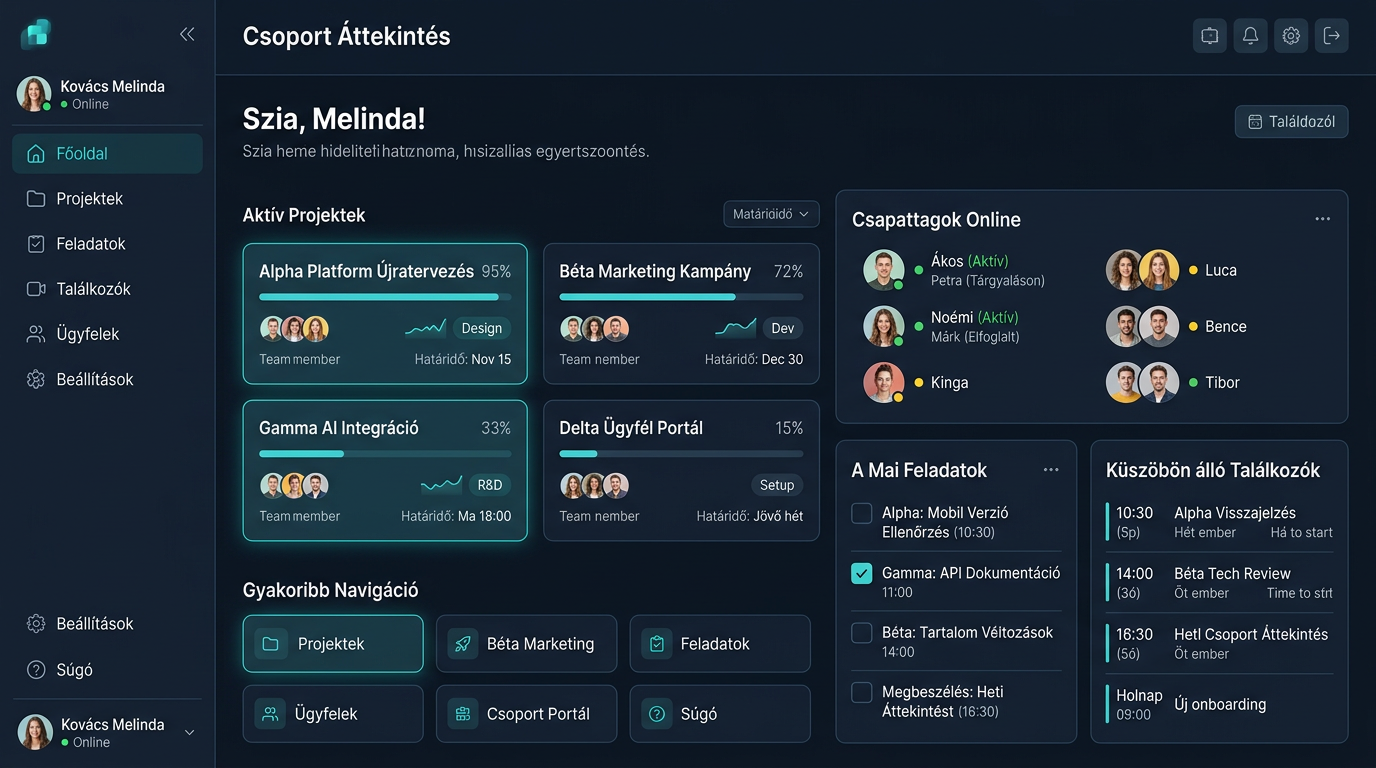 Táv- és Csoportmunka-támogató Együttműködési Platform — Csapat dashboard